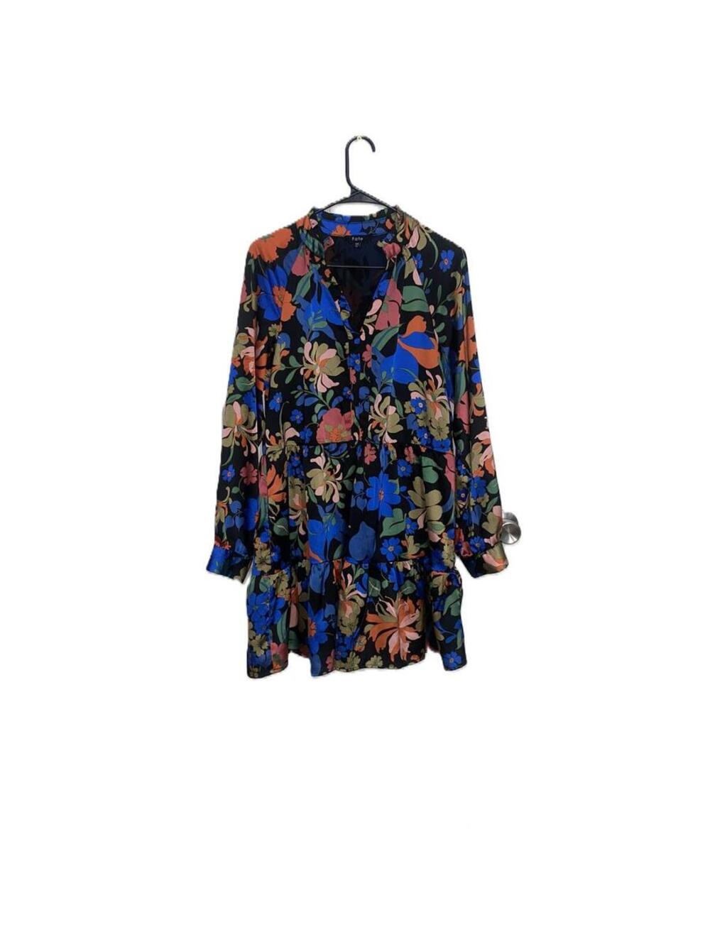 Fate Floral Tiered Mini Dress Bold Blue Pink Boho Long Sleeve Medium